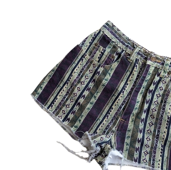 VTG Green and Purple Denim Raw Hem Stripe and Aztec High Rise Shorts - Picture 2 of 5